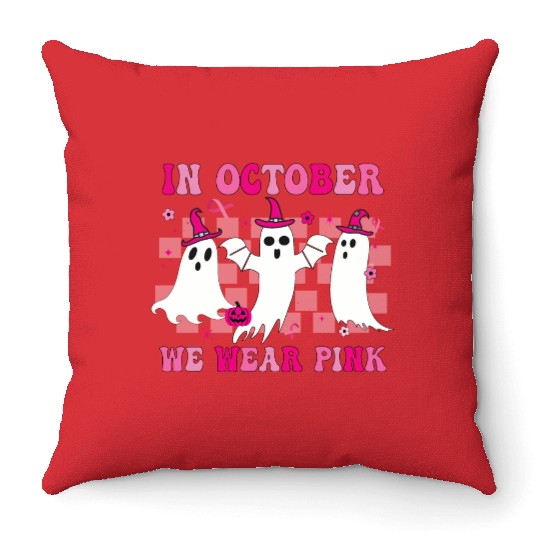 In October We Wear Pink Wizard Ghosts Halloween Throw Pillows