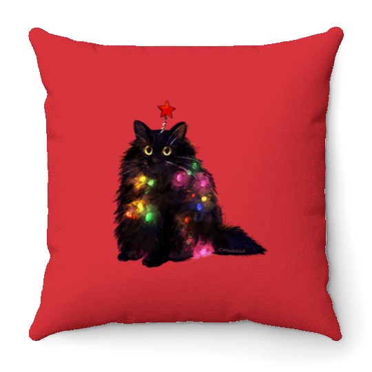 Christmas Lights Cat Throw Pillows