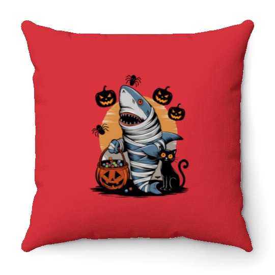 Spooky Shark Mummy and Black Cat Trick-or-Treat Throw Pillows