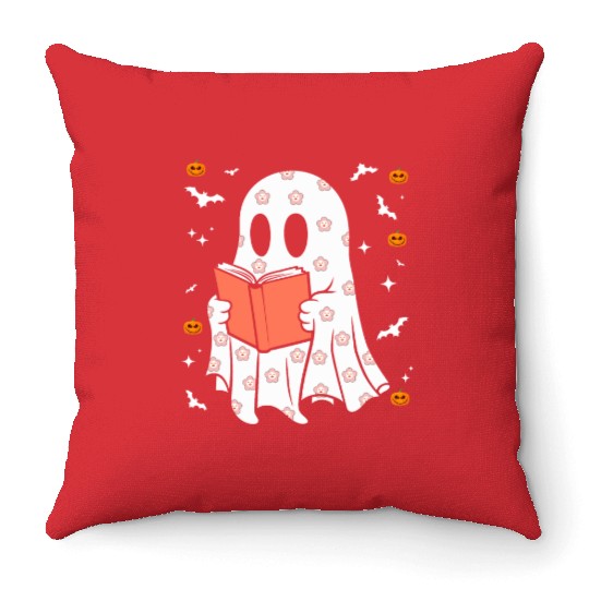 Groovy Teacher Halloween Trick or Teach Ghost Book Throw Pillows