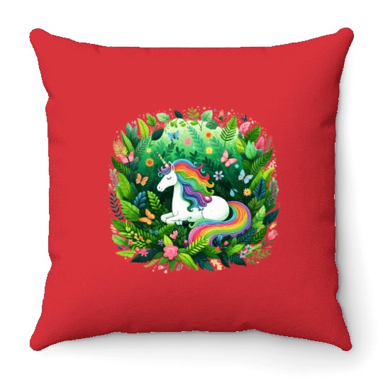Unicorn, fantasy design, Unicorn in flower garden Throw Pillows