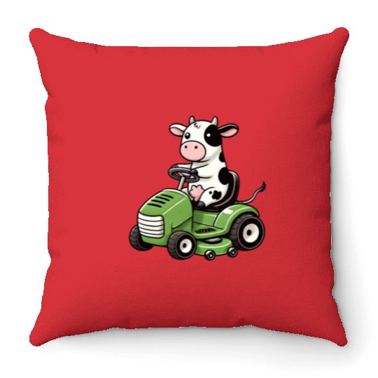 Funny cow as lawn mower farmer grass Throw Pillows