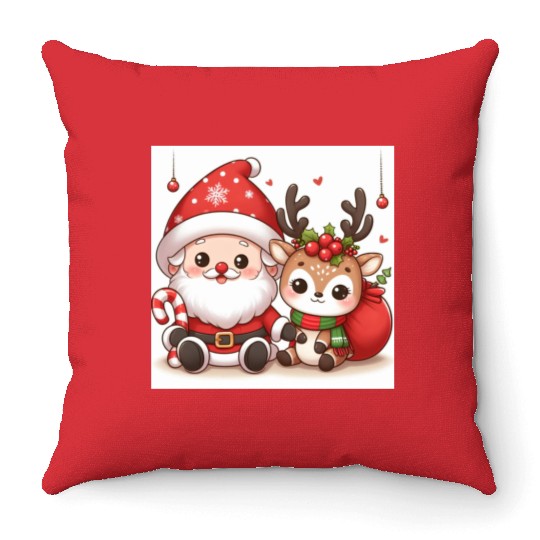 Festive Santa and Reindeer Illustration Throw Pillows