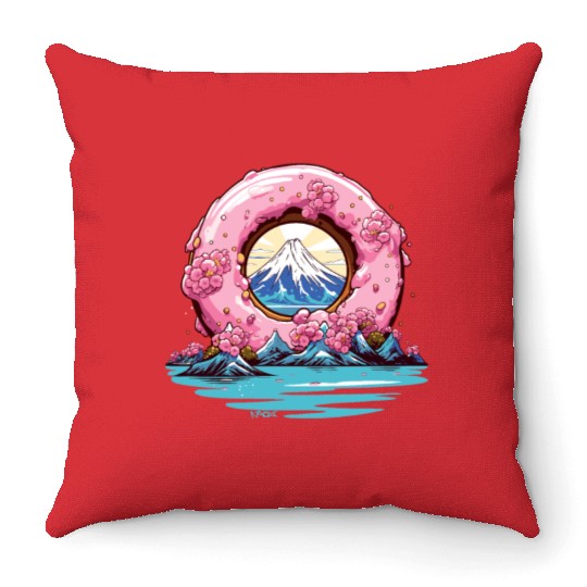 Japan Sakura Blossom Mount Fuji Donut Throw Pillows