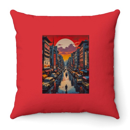 Twilight Reflections in Neon City Throw Pillows