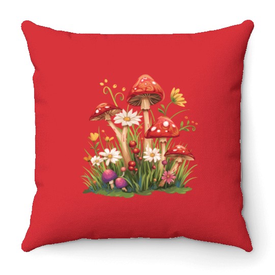 Cluster of Red Toadstool Mushrooms Throw Pillows