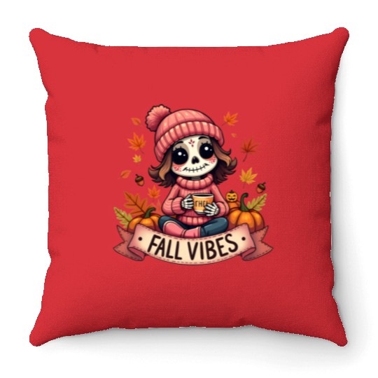 cozy Fall Skeleton Cute Autumn Vibes Halloween Throw Pillows