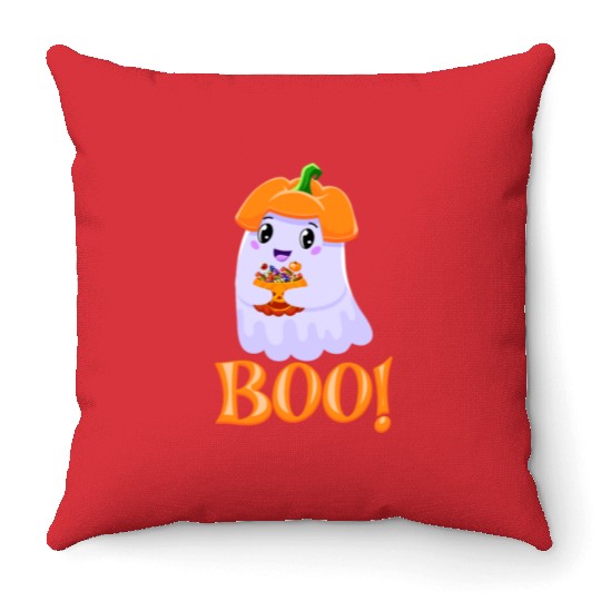 Cute Girl Ghost Boo! with Sweets Pumpkin Halloween Throw Pillows