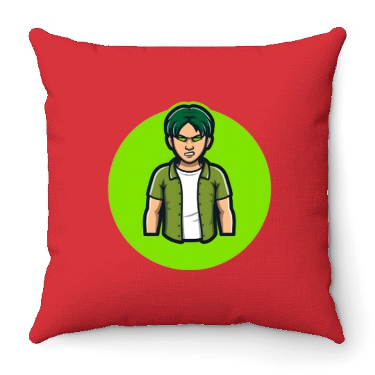 Green Angry Boy Gaming Mascot Avatar Throw Pillows