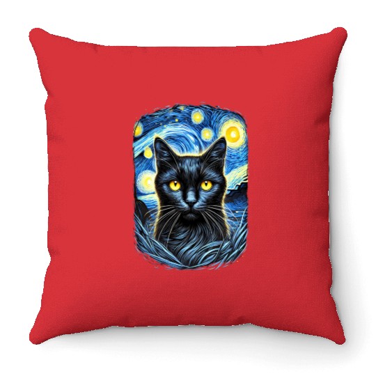 Funny Starry Night Black Cat Van Gogh Art Cat Throw Pillows