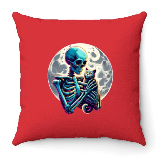 Skeleton Cute Cat Skull Kitty Halloween Throw Pillows