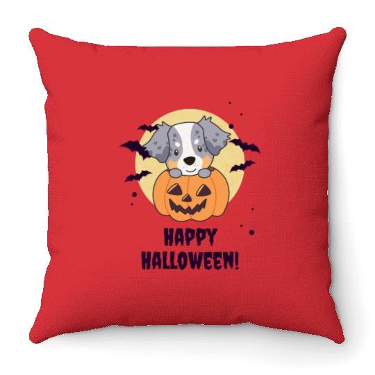 Australian Shepherd In Pumpkin Cute Happy Throw Pillows