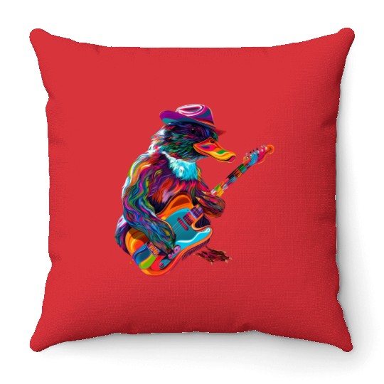Platypus Mammal Guitar Cowboy Hat Popart Throw Pillows