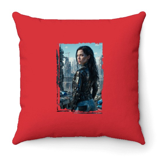 Portrait of a sci-fi cyberpunk girl Throw Pillows