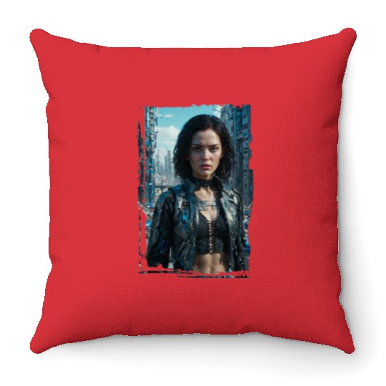Portrait of a sci-fi cyberpunk girl Throw Pillows