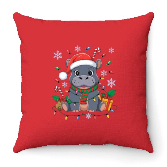 Cute Christmas Hippo - Holiday Lights and Gifts Throw Pillows