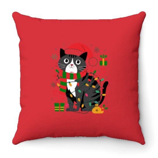 Cute Christmas Cat Design - Festive Lights Throw Pillows