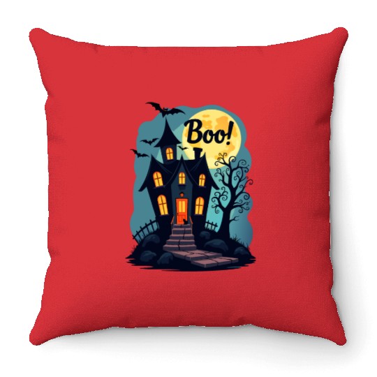 spooky haunted house with a black cat sitting Throw Pillows