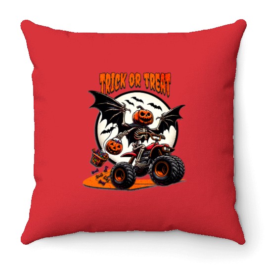 Pumpkin Head Skeleton Trick or Treat Halloween Des Throw Pillows