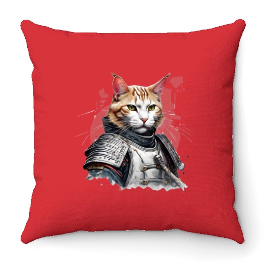 Samurai Cat in Armor Throw Pillows