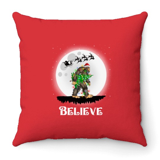 Bigfoot Christmas Tree Lights Believe Sasquatch Throw Pillows