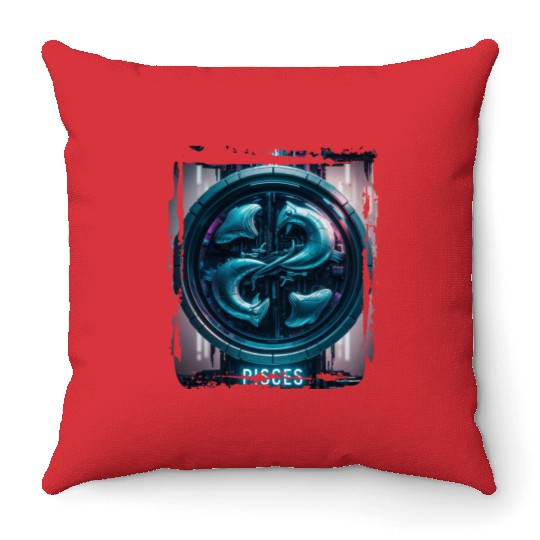 Zodiac sign Pisces in cyberpunk era Future Throw Pillows