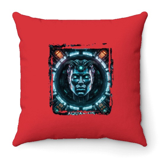 Zodiac sign Aquarius in cyberpunk era Future Throw Pillows