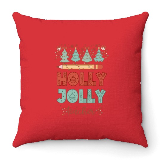 Retro Holly Jolly Teacher Christmas Throw Pillows