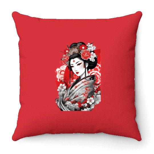 Elegant Geisha with Floral Kimono Throw Pillows