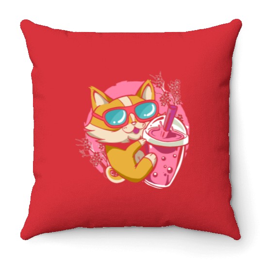 Kitten Kawaii Boba Milk Tea Drinking Cat Throw Pillows