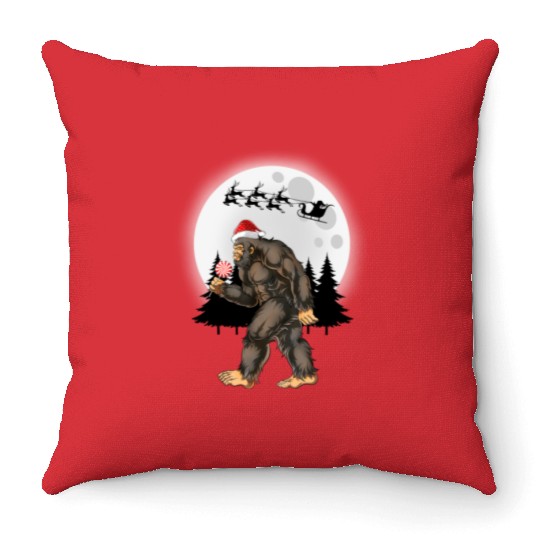Bigfoot Believe Christmas Tree Sasquatch Santa Throw Pillows