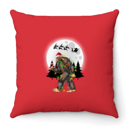 Bigfoot Believe Christmas Tree Sasquatch Santa Throw Pillows