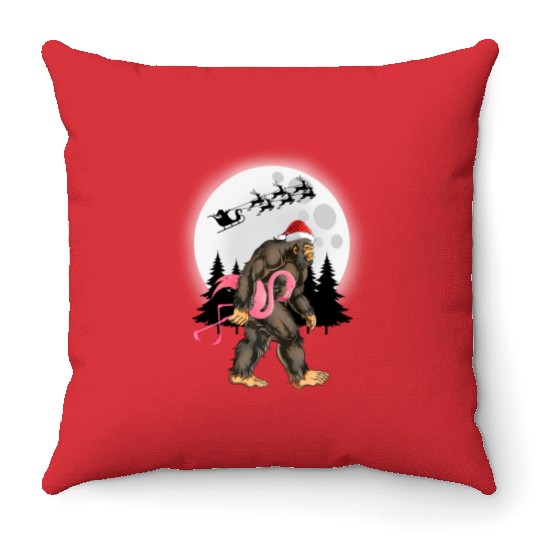Bigfoot Carrying Flamingo Funny Sasquatch Throw Pillows