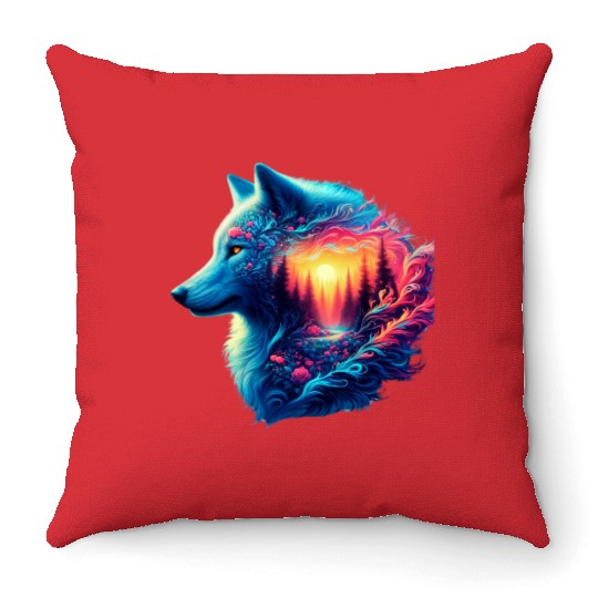 Colorful Wolf and Sunset Forest Throw Pillows