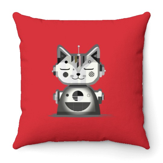 Geometric Robot Cat - Creative Illustration Throw Pillows