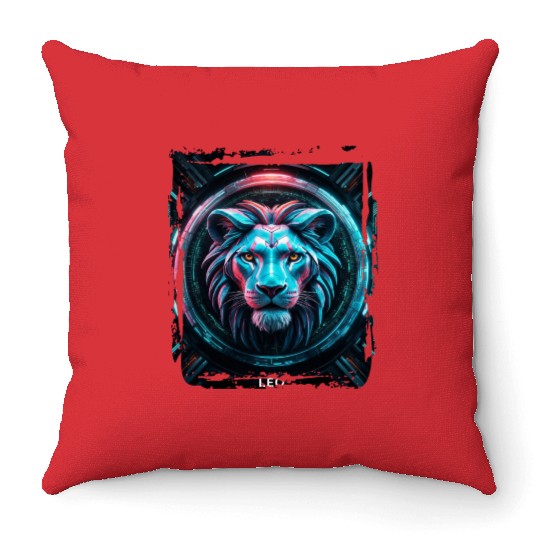 Zodiac sign Leo in cyberpunk era Future Throw Pillows
