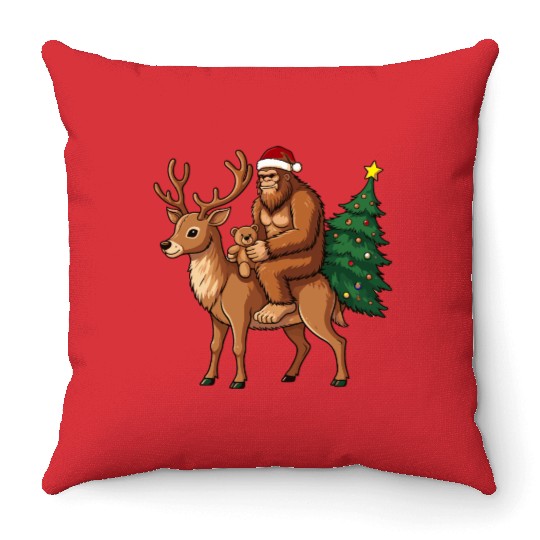 Teddy Santa Bigfoot ride a deer Christmas Throw Pillows