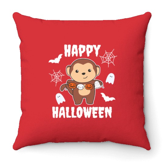 Monkey Happy Halloween Pumpkin Bat Costume Throw Pillows