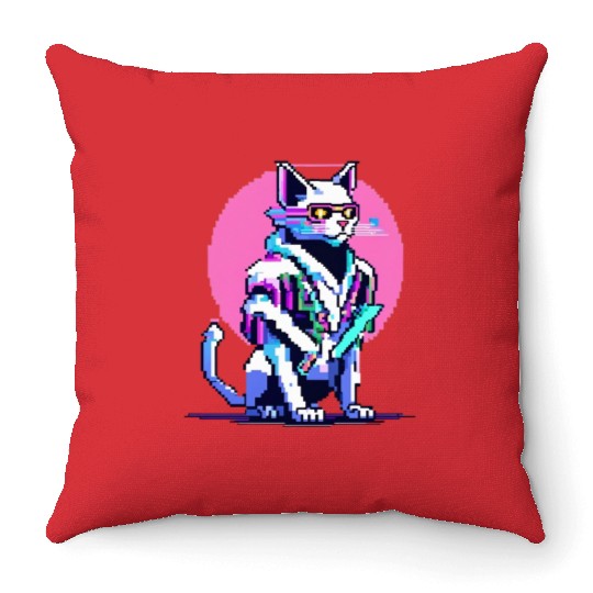 Cyberpunk Blade Cat Throw Pillows