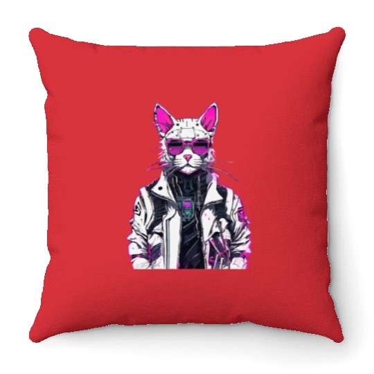 Cyberpunk Cat: Neon Outlaw Throw Pillows