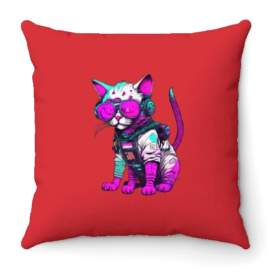 Punk Space Cat with Neon Goggles Throw Pillows