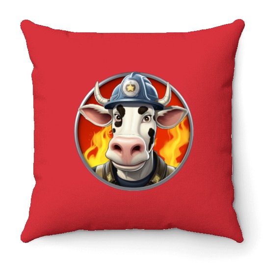 Firefighter cow Throw Pillows