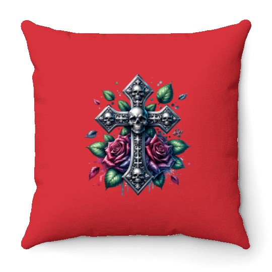 Gothic Collection - Cross, Skulls & Red Roses Throw Pillows