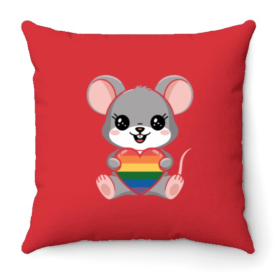 LGTBQ Cute Mouse Holding Rainbow Heart Throw Pillows