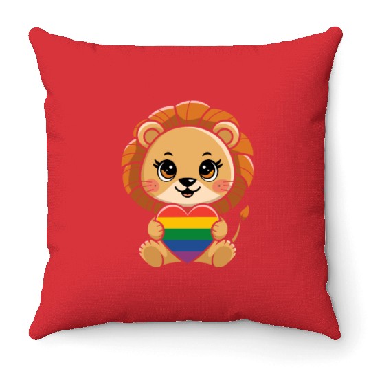 Cute Lion Holding Rainbow Heart LGTBQ Pride Throw Pillows