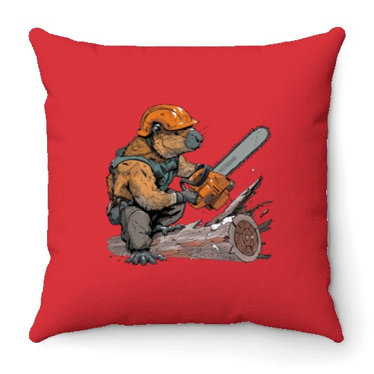 Beaver Lumberjack Chainsaw Throw Pillows