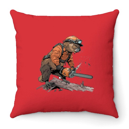 Beaver Lumberjack Chainsaw Throw Pillows