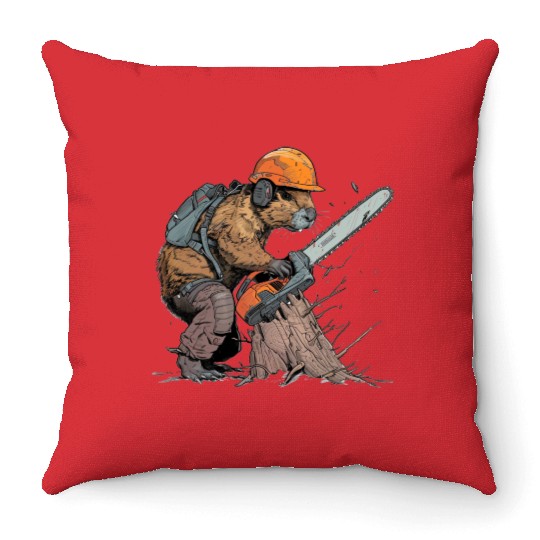 Beaver Lumberjack Chainsaw Throw Pillows