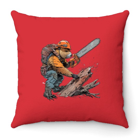 Beaver Lumberjack Chainsaw Throw Pillows