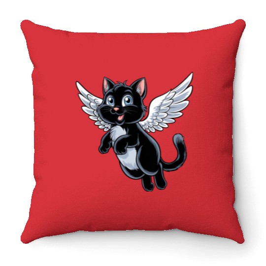 Black Cat with Angel Wings Throw Pillows